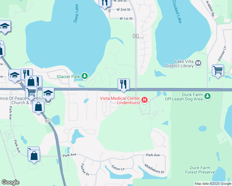 map of restaurants, bars, coffee shops, grocery stores, and more near 857 Grand Avenue in Lake Villa