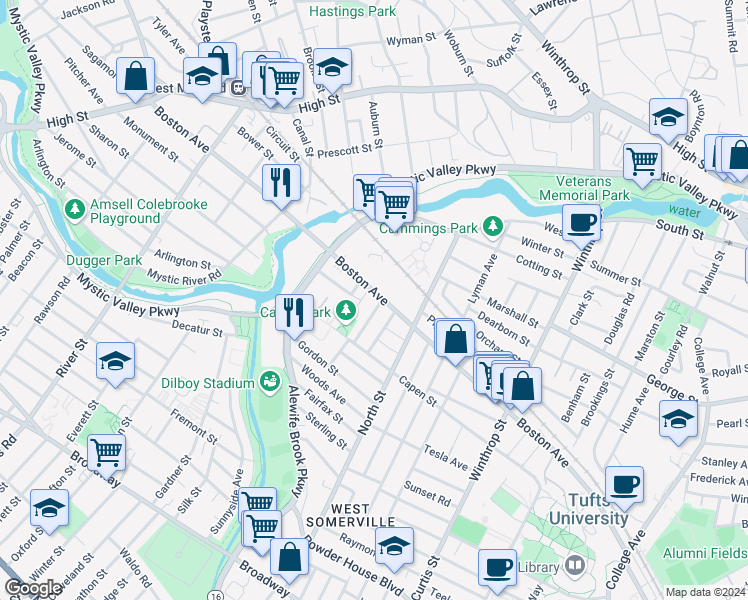 map of restaurants, bars, coffee shops, grocery stores, and more near 207 Boston Avenue in Medford
