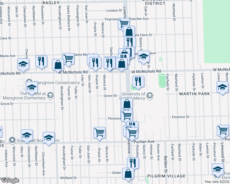 map of restaurants, bars, coffee shops, grocery stores, and more near 16859 Stoepel Street in Detroit