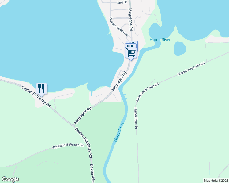 map of restaurants, bars, coffee shops, grocery stores, and more near 9045 Mcgregor Road in Pinckney
