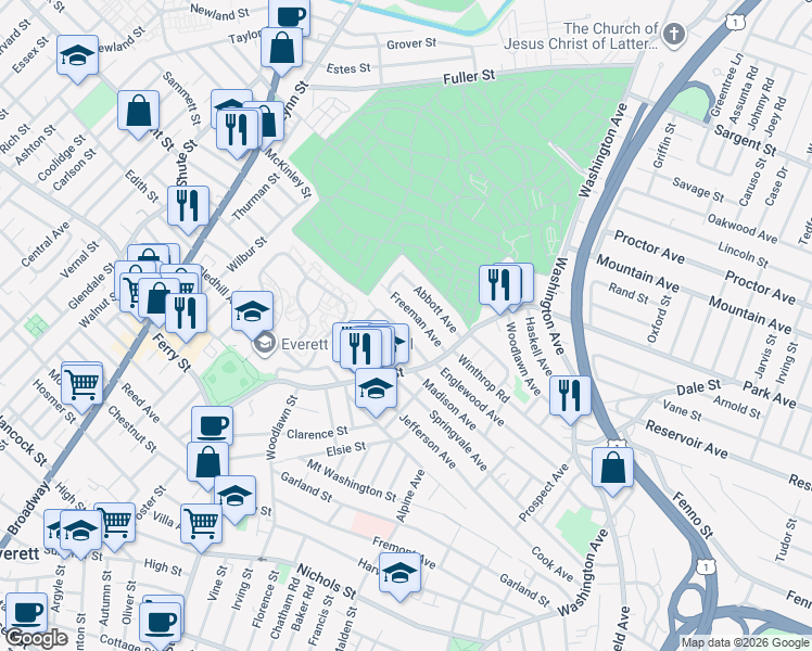 map of restaurants, bars, coffee shops, grocery stores, and more near 55 Adams Avenue in Everett