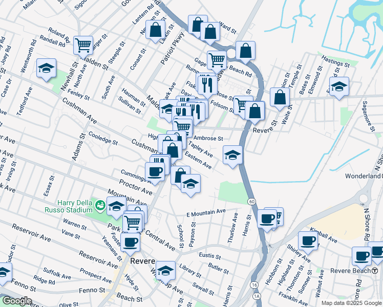 map of restaurants, bars, coffee shops, grocery stores, and more near 691 Broadway in Revere