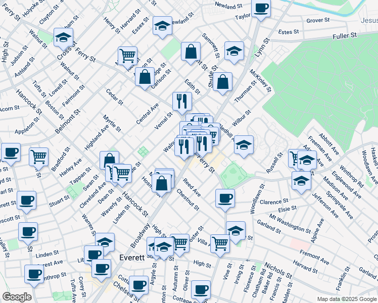 map of restaurants, bars, coffee shops, grocery stores, and more near 368 Ferry Street in Everett
