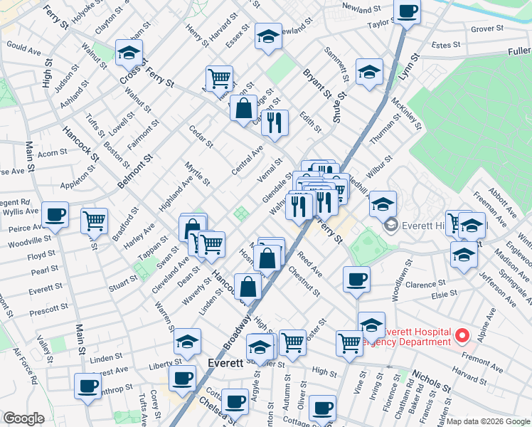 map of restaurants, bars, coffee shops, grocery stores, and more near 122 Walnut Street in Everett