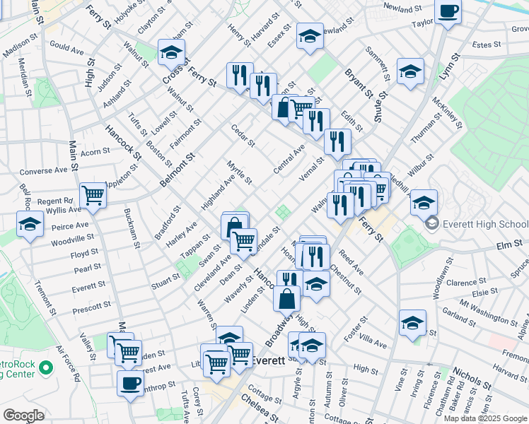 map of restaurants, bars, coffee shops, grocery stores, and more near 9 Dowse Street in Everett