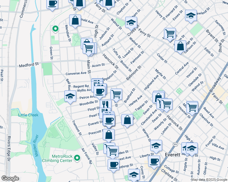 map of restaurants, bars, coffee shops, grocery stores, and more near 220 Bucknam Street in Everett