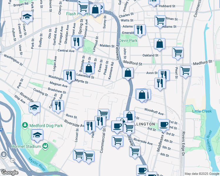 map of restaurants, bars, coffee shops, grocery stores, and more near 92 Myrtle Street in Medford