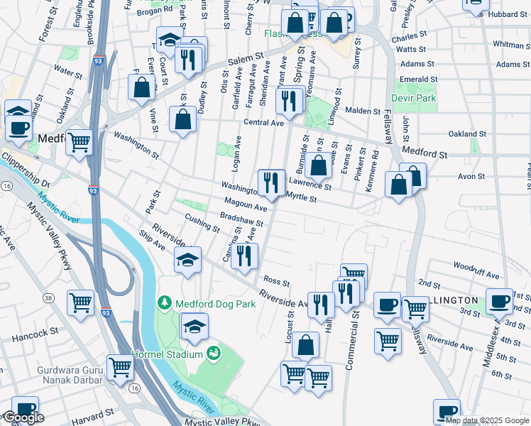 map of restaurants, bars, coffee shops, grocery stores, and more near 102 Magoun Avenue in Medford