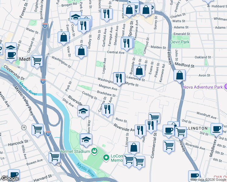 map of restaurants, bars, coffee shops, grocery stores, and more near 102 Magoun Avenue in Medford