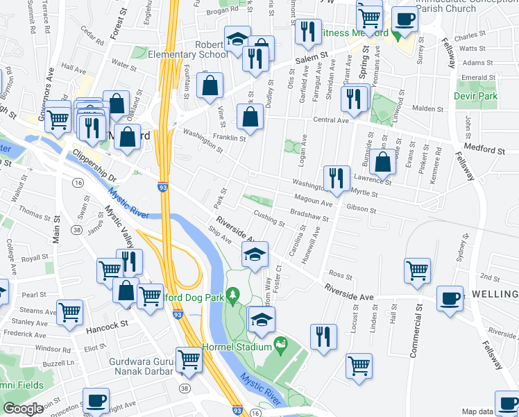 map of restaurants, bars, coffee shops, grocery stores, and more near 12 Cushing Street in Medford