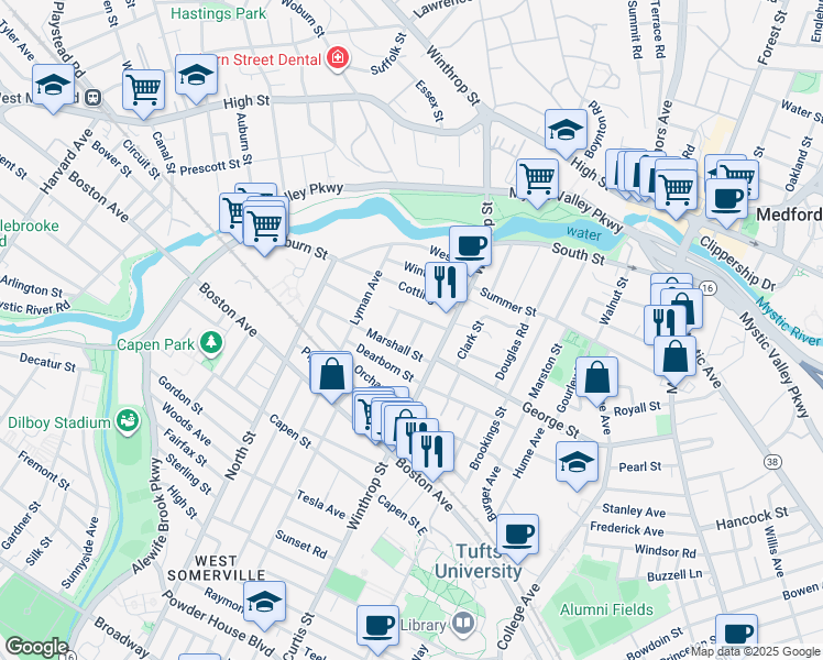 map of restaurants, bars, coffee shops, grocery stores, and more near 34 Martin Street in Medford