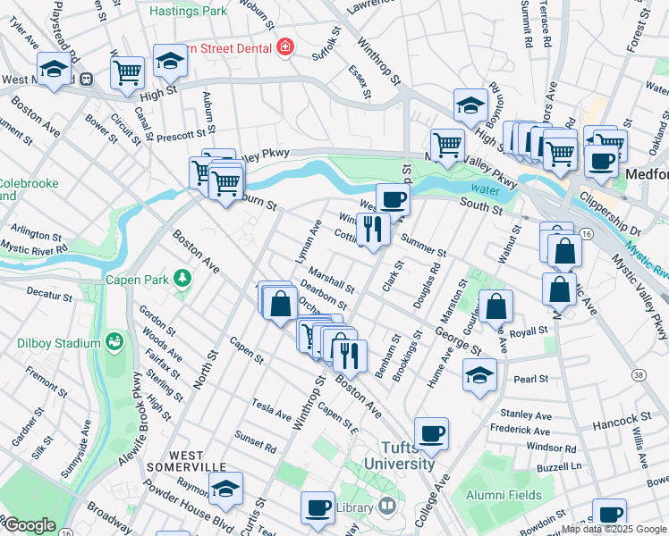 map of restaurants, bars, coffee shops, grocery stores, and more near 34 Martin Street in Medford