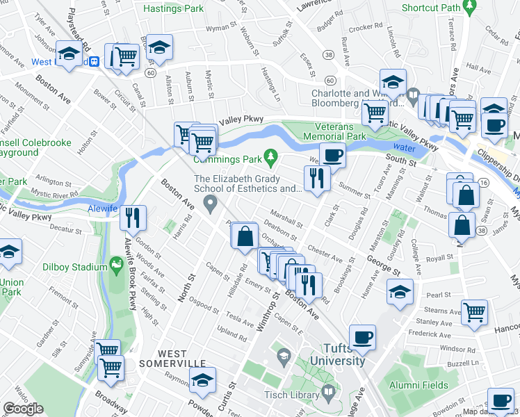 map of restaurants, bars, coffee shops, grocery stores, and more near 50 Lyman Avenue in Medford