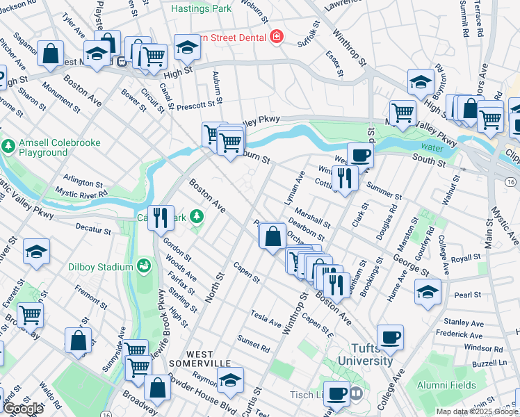 map of restaurants, bars, coffee shops, grocery stores, and more near 20 Fortunato Drive in Medford