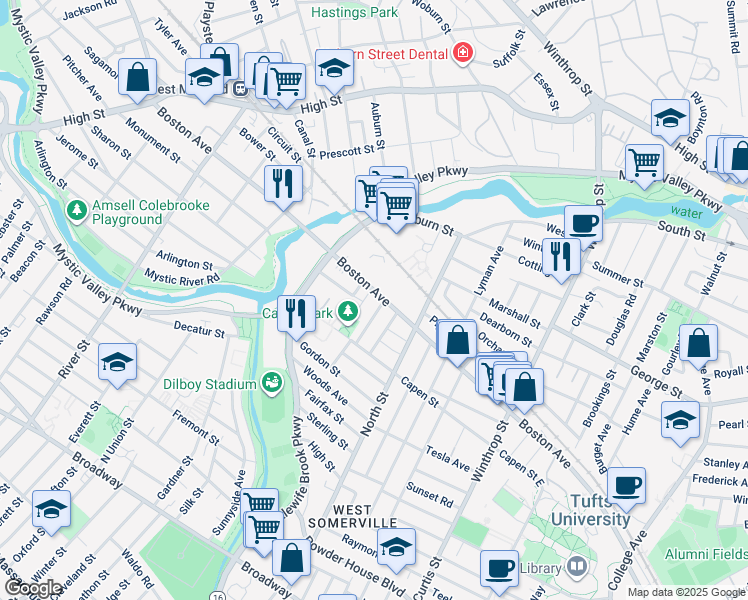map of restaurants, bars, coffee shops, grocery stores, and more near 200 Boston Avenue in Medford