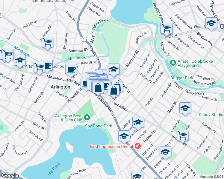 map of restaurants, bars, coffee shops, grocery stores, and more near 20 Belton Street in Arlington