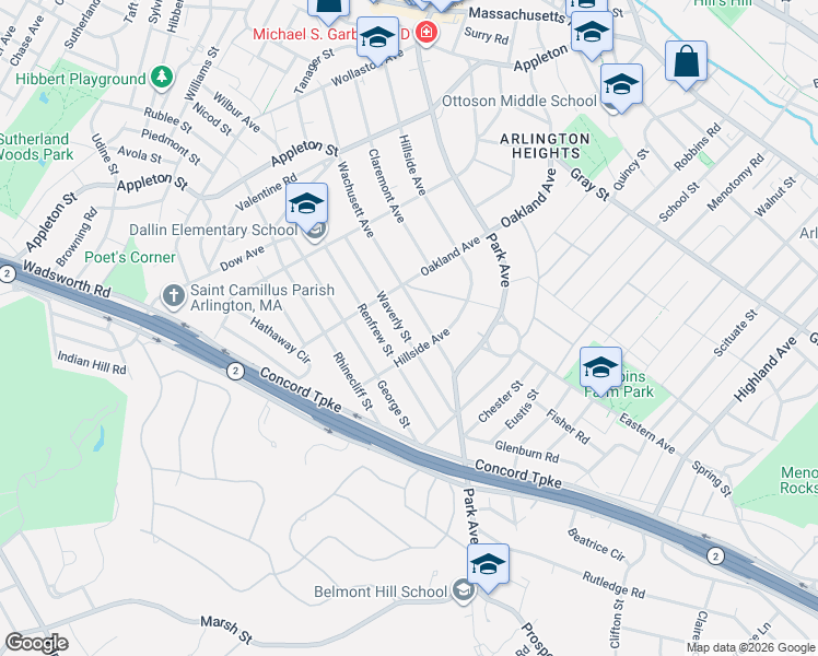 map of restaurants, bars, coffee shops, grocery stores, and more near 201 Wachusett Avenue in Arlington