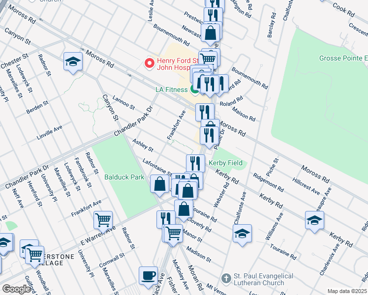 map of restaurants, bars, coffee shops, grocery stores, and more near 4975 Lannoo Street in Grosse Pointe