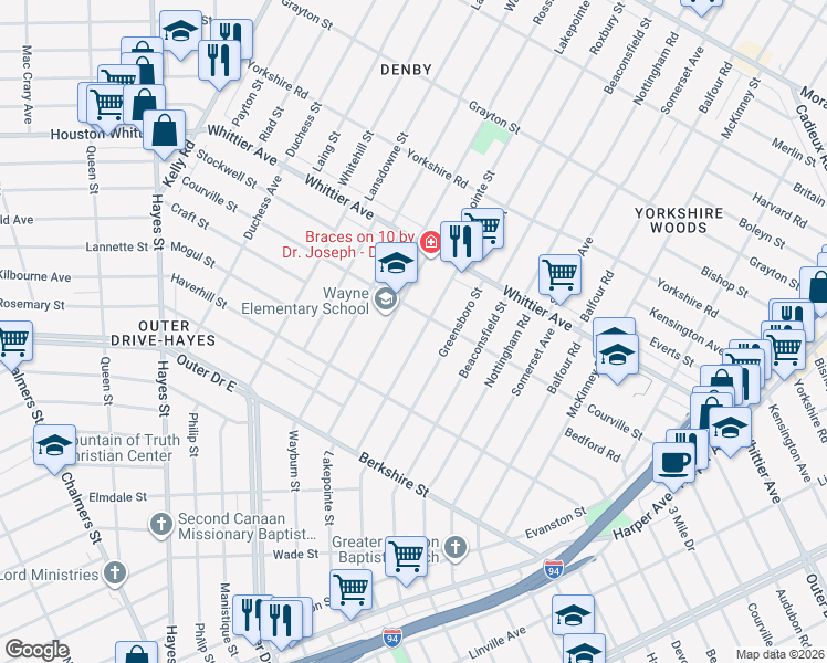map of restaurants, bars, coffee shops, grocery stores, and more near 10471 Roxbury Street in Detroit