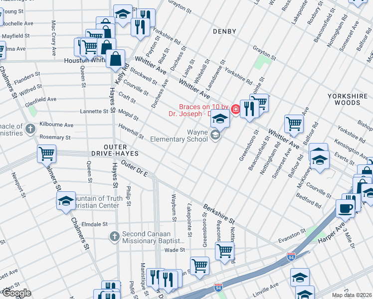map of restaurants, bars, coffee shops, grocery stores, and more near 10659 Stratman Street in Detroit