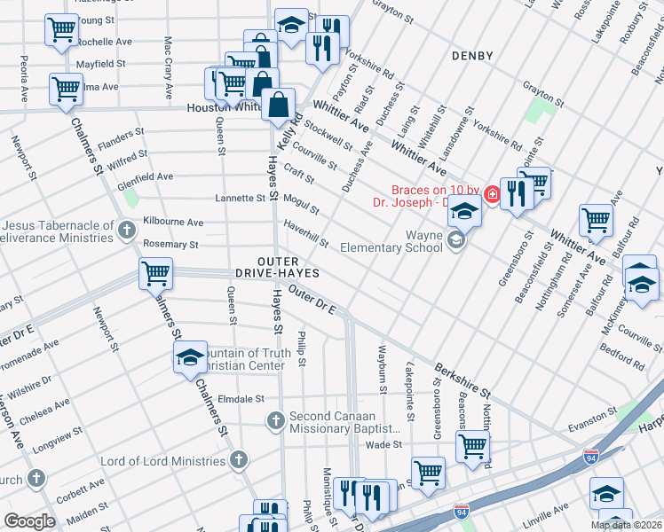 map of restaurants, bars, coffee shops, grocery stores, and more near 10791 Haverhill Street in Detroit