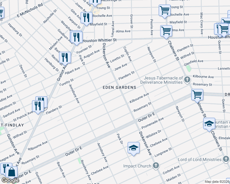 map of restaurants, bars, coffee shops, grocery stores, and more near 12839 Wilfred Street in Detroit