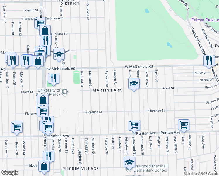 map of restaurants, bars, coffee shops, grocery stores, and more near 16834 Parkside Street in Detroit