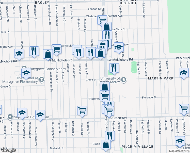 map of restaurants, bars, coffee shops, grocery stores, and more near 16859 Stoepel Street in Detroit