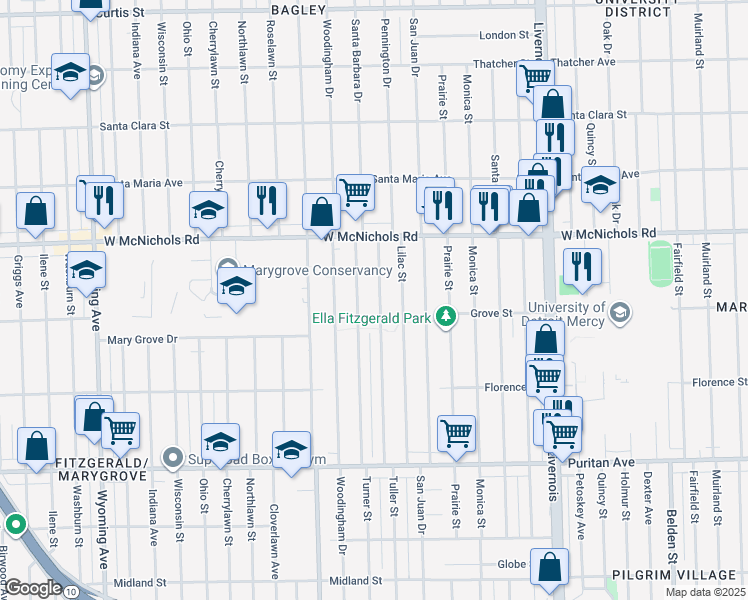 map of restaurants, bars, coffee shops, grocery stores, and more near 16730 Tuller Street in Detroit