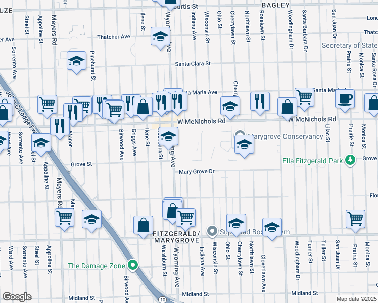 map of restaurants, bars, coffee shops, grocery stores, and more near 16800 Wyoming Avenue in Detroit