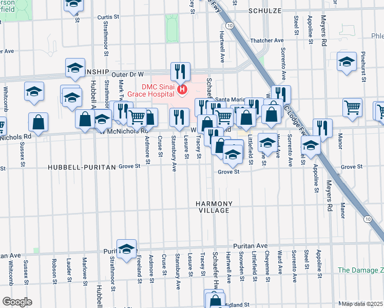 map of restaurants, bars, coffee shops, grocery stores, and more near 16863 Tracey Street in Detroit