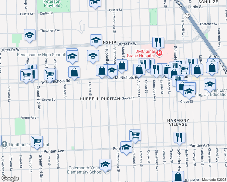 map of restaurants, bars, coffee shops, grocery stores, and more near 16879 Strathmoor Street in Detroit