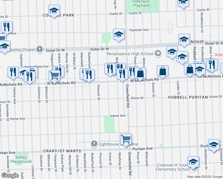 map of restaurants, bars, coffee shops, grocery stores, and more near 15651 West McNichols Road in Detroit