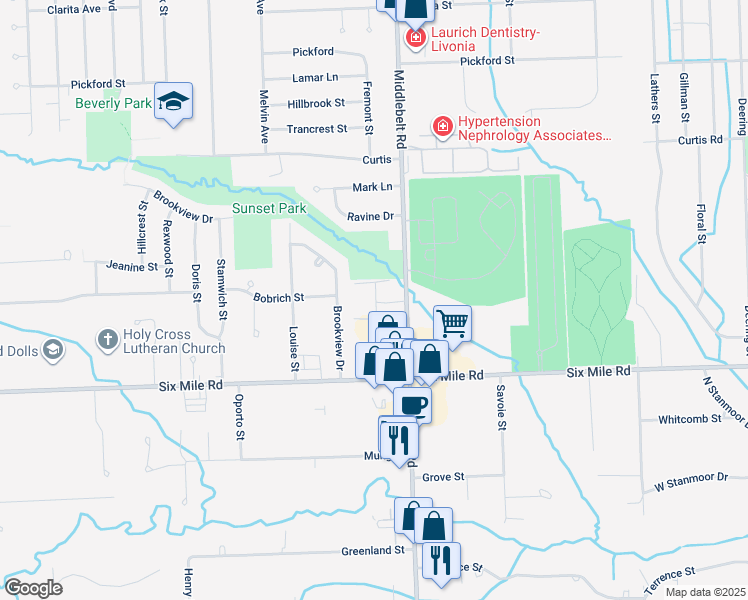 map of restaurants, bars, coffee shops, grocery stores, and more near 29522 Bobrich in Livonia