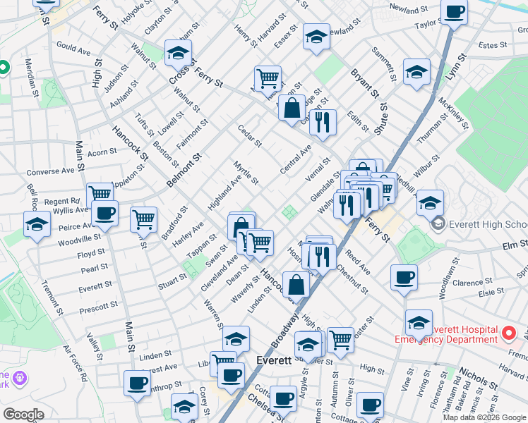 map of restaurants, bars, coffee shops, grocery stores, and more near 9 Dowse Street in Everett