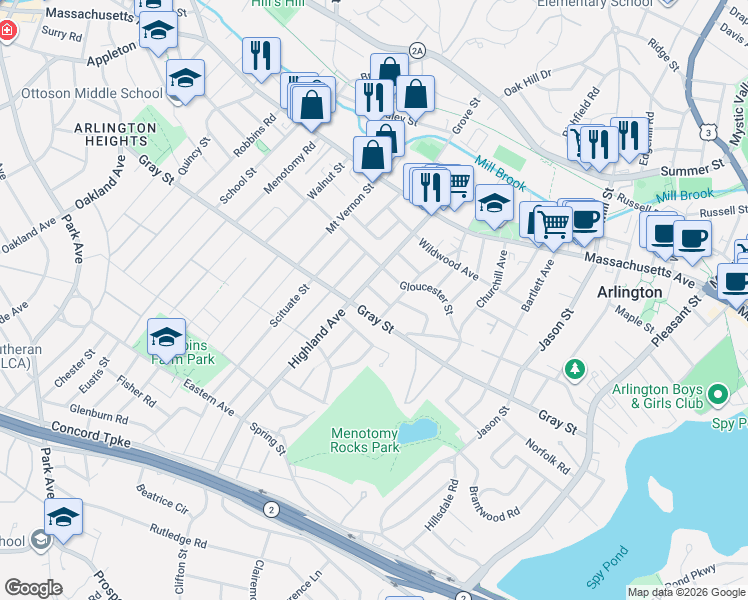 map of restaurants, bars, coffee shops, grocery stores, and more near 60 Highland Avenue in Arlington