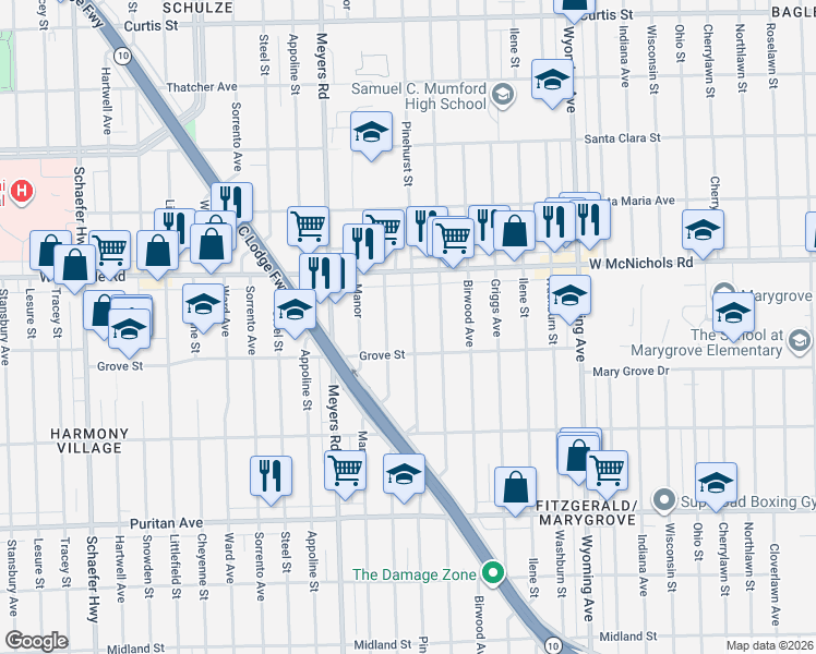 map of restaurants, bars, coffee shops, grocery stores, and more near 16880 Monte Vista Street in Detroit