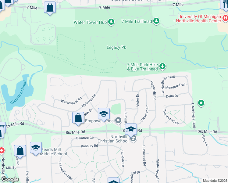 map of restaurants, bars, coffee shops, grocery stores, and more near 17900 Farmcrest Court in Northville
