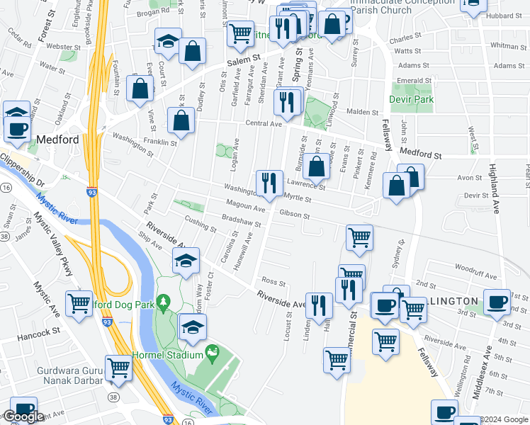 map of restaurants, bars, coffee shops, grocery stores, and more near 111 Magoun Avenue in Medford