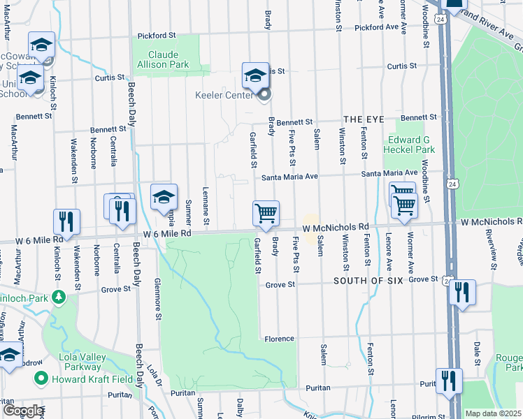 map of restaurants, bars, coffee shops, grocery stores, and more near 17182 Garfield in Redford Charter Township