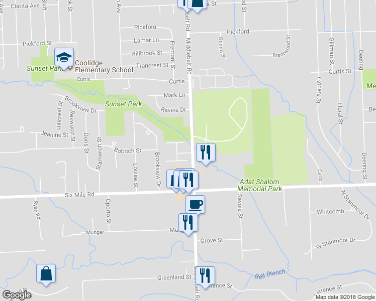 map of restaurants, bars, coffee shops, grocery stores, and more near 29444 Bobrich Street in Livonia