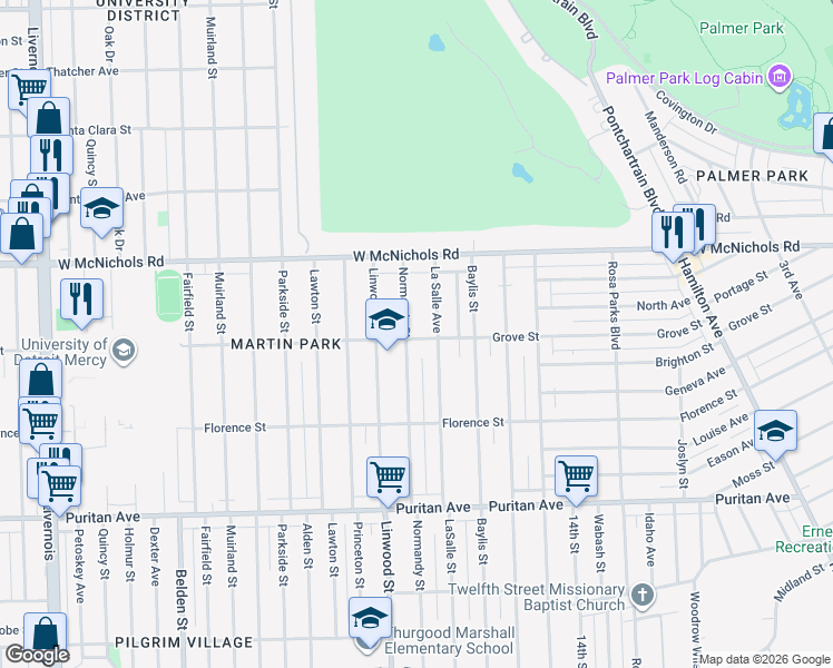 map of restaurants, bars, coffee shops, grocery stores, and more near 16825 Normandy Street in Detroit