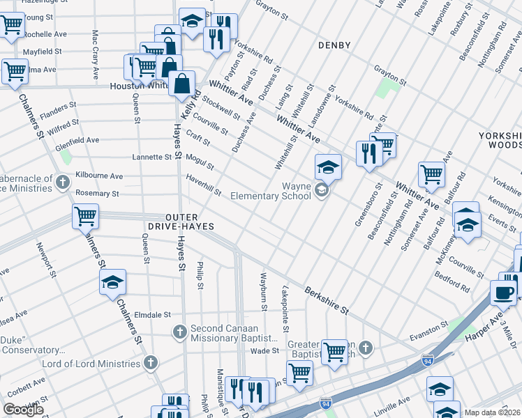 map of restaurants, bars, coffee shops, grocery stores, and more near 10716 Whitehill Street in Detroit