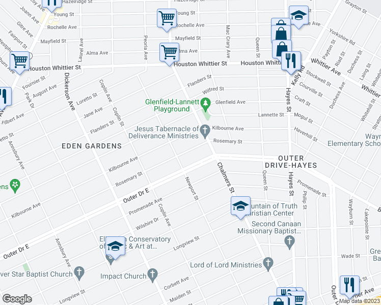 map of restaurants, bars, coffee shops, grocery stores, and more near 14260 Rosemary Street in Detroit