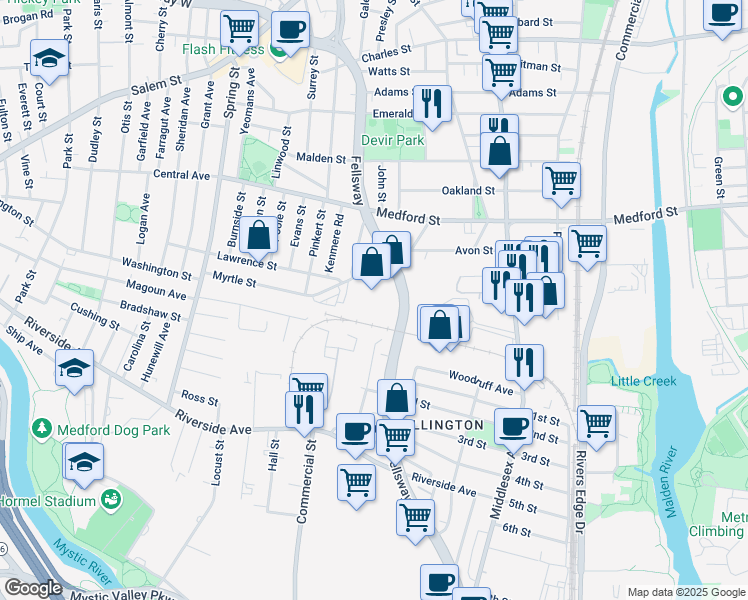 map of restaurants, bars, coffee shops, grocery stores, and more near 970 Fellsway in Medford