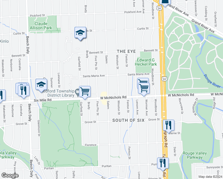map of restaurants, bars, coffee shops, grocery stores, and more near 17154 Salem Street in Detroit