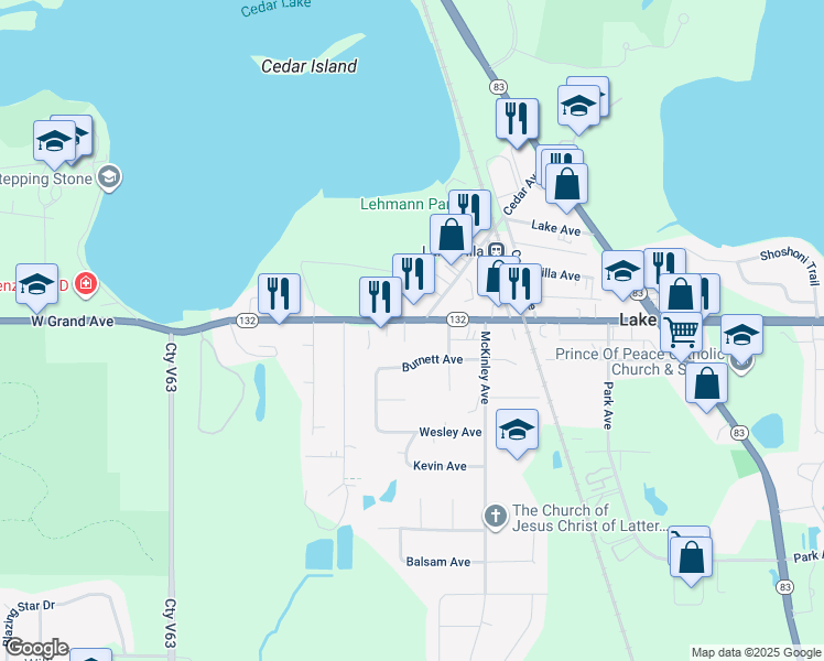 map of restaurants, bars, coffee shops, grocery stores, and more near 17 West Grand Avenue in Lake Villa
