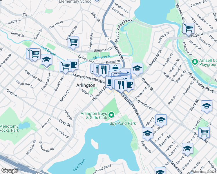 map of restaurants, bars, coffee shops, grocery stores, and more near 473 Massachusetts Avenue in Arlington