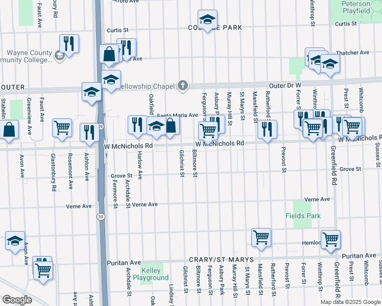 map of restaurants, bars, coffee shops, grocery stores, and more near 17107 West McNichols Road in Detroit
