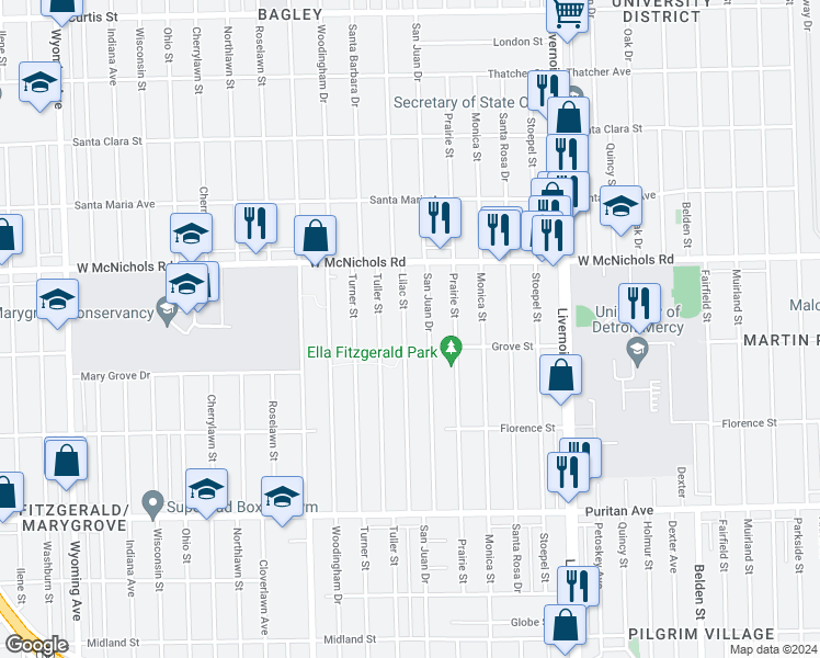 map of restaurants, bars, coffee shops, grocery stores, and more near 16838 Lilac Street in Detroit